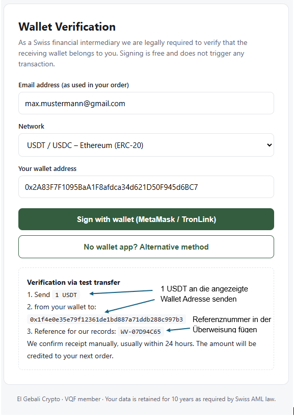 Schritt S2: 1 USDT von Ihrer Wallet senden